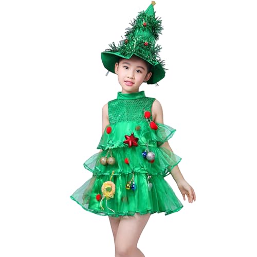 BKPAPTXY Weihnachtsbaum-Kostüm für Kinder, Mädchen, ärmellos, Tüll, Kuchenkleid, Pailletten, Weihnachtsbaumhut, Set, Schule, Bühnenshow, Kleidung (Grün 1, 100) von BKPAPTXY