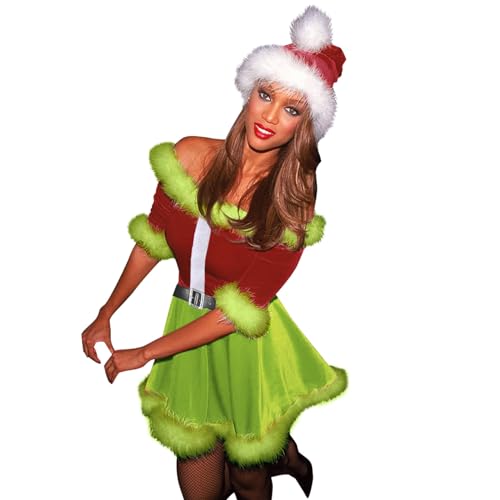 BKPAPTXY Weihnachtsmann-Kostüm für Damen, schulterfrei, Samtkleid, lustiges Weihnachtsmann-Kostüm, für Weihnachten, Party, Cosplay, Kleidung (Grün, L) von BKPAPTXY