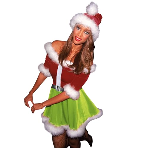 BKPAPTXY Weihnachtsmann-Kostüm für Damen, schulterfrei, Samtkleid, lustiges Weihnachtsmann-Kostüm, für Weihnachten, Party, Cosplay, Kleidung (Weiß, L) von BKPAPTXY