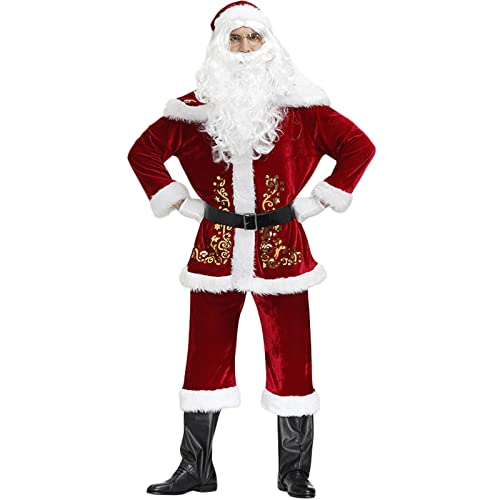 BKPAPTXY Weihnachtsmannanzug für Erwachsene, Plüsch-Top, rote Hose, schwarze Schuhe mit Handschuhen, Outfits für Damen und Herren, professionelles Weihnachtsmann-Kostüm (Herren, Größe L) von BKPAPTXY