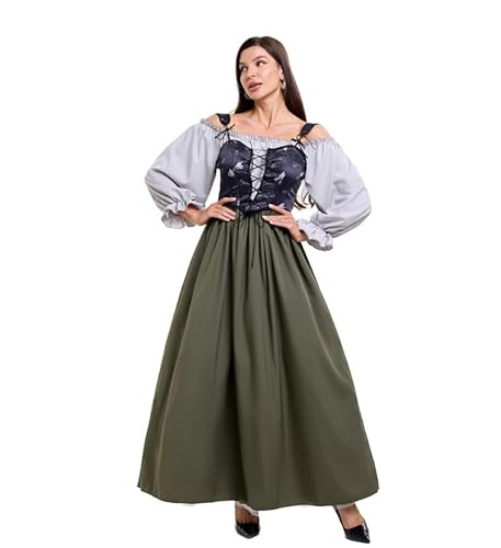 BLESSUME Mittelalterliches Kleid für Damen, viktorianische Renaissance, schulterfrei, Maxi-Langarmkleid, Halloween-Kostüm mit Schnür-Korsett von BLESSUME