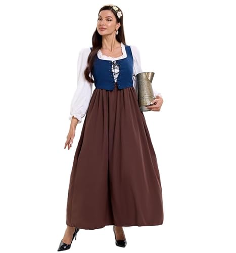 BLESSUME Mittelalterliches Kleid für Damen, viktorianisches Renaissance-Maxi-Kleid mit langen Ärmeln, Halloween-Kostüm mit Schnür-Korsett von BLESSUME