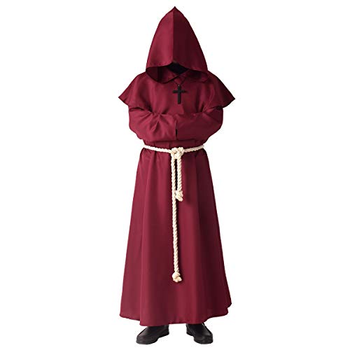 BLESSUME Priester Mönch Kostüm Mittelalterliche Kapuze Renaissance Robe (Burgund,XL) von BLESSUME