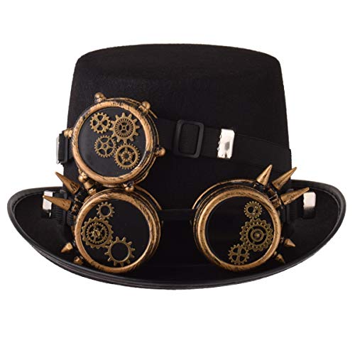 BLESSUME Schwarzer Steampunk-Hut mit Brille, Unisex, Verkleidung von BLESSUME