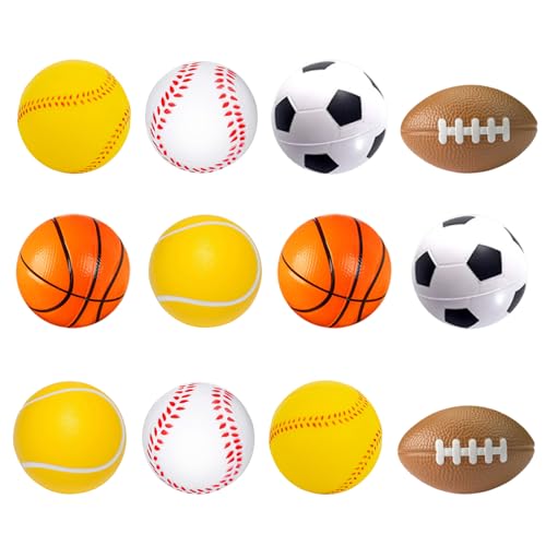 12 Stück Stressbälle, Mini Schaumstoffbälle, Schaum Antistressball, Sportbälle Klein, Fußball Basketball Tennis Baseball Stressbälle, Antistressball für Kinder und Erwachsene Fußball Party von BLLREMIPSUR