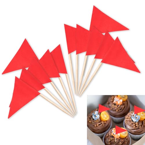 BLMHTWO 100 Stück Zahnstocher，Rote Flaggen Zahnstocher Holz Cupcake Topper Flaggen Dreieckige Cocktail Flagge für Torten, Desserts, Früchte von BLMHTWO