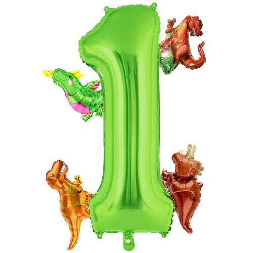 BLMHTWO 101,6 cm großer Zahlenballon aus Aluminiumfolie, hellgrün, mit 4 Stilen, Mini-Dinosaurier-Ballons für Dinosaurier-Geburtstagsparty, Zubehör (Nummer 1) von BLMHTWO