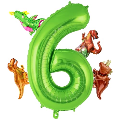 BLMHTWO 101,6 cm großer Zahlenballon aus Aluminiumfolie, hellgrün, mit 4 Stilen, Mini-Dinosaurier-Ballons für Dinosaurier-Geburtstagsparty, Zubehör (Nummer 6) von BLMHTWO