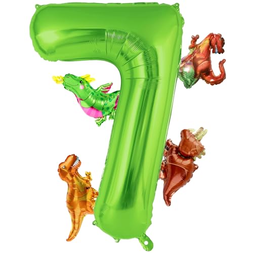 BLMHTWO 101,6 cm großer Zahlenballon aus Aluminiumfolie, hellgrün, mit 4 Stilen, Mini-Dinosaurier-Ballons für Dinosaurier-Geburtstagsparty, Zubehör (Nummer 7) von BLMHTWO