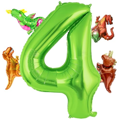 BLMHTWO 101,6 cm großer Zahlenballon aus Aluminiumfolie, hellgrün, mit 4 Stilen, Mini-Dinosaurier-Ballons für Dinosaurier-Geburtstagsparty-Zubehör (Nummer 4) von BLMHTWO