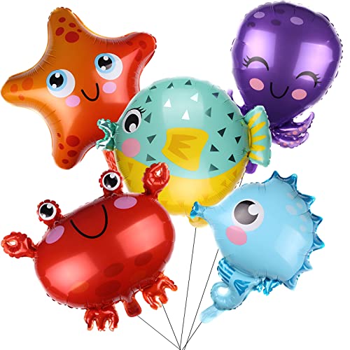 BLMHTWO 5 Stück Unter dem Meer Luftballons Ozean Folienballons Seepferdchen Seestern Globefish Krabbe Oktopus Fisch Ballon Meer Tier Ballon für Geburtstag, Ozean Thema Party Dekorationen von BLMHTWO