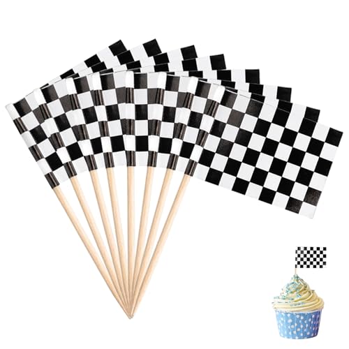 BLMHTWO 96 Stück Cupcake Toppers, Autos Tortendeko Karierter Flagge Zahnstocher Schwarz und Weiß Cupcake Toppers für Gebäck, Snacks, Cocktails von BLMHTWO