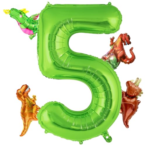 BLMHTWO 101,6 cm großer Zahlenballon aus Aluminiumfolie, hellgrün, mit 4 Stilen, Mini-Dinosaurier-Ballons für Dinosaurier-Geburtstagsparty, Zubehör (Nummer 5) von BLMHTWO