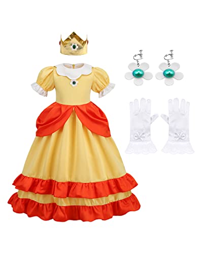 BLOOMIRO Prinzessinnen-Kostüm für Mädchen, Kinder, Cosplay, Halloween, Party, Verkleiden mit Zubehör (Gelb, 7-8T) von BLOOMIRO