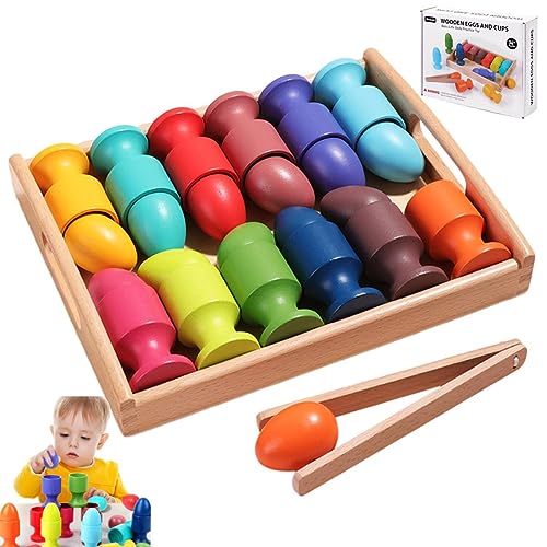 BLOOOK Montessori Holzspielzeug, Baby Spielzeug, 12 Ei-Paarungsspielzeuge mit Tasse und Bett, geeignet für Kinder im Alter von 3 Jahren zum Farbkategorisieren und Zählen mit den Paareiern (B) von BLOOOK