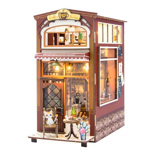 BLSYHDH DIY Handgefertigtes Puppenhaus, Mini-Café-Buchecke, Miniatur-Set mit 3D-Holzpuzzle, Manueller Buchständer für Bücherregal-Einsatz, Dekor für Kreativ Zusammengebaute (1) von BLSYHDH