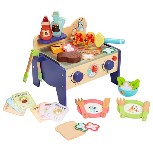 Bluey Grill- und Salat-Set aus Holz, 33-teiliges buntes Spielset mit Zange und Essensstücken, realistisches Rollenspiel & fantasievoller Spaß ab 3 Jahren von BlueY