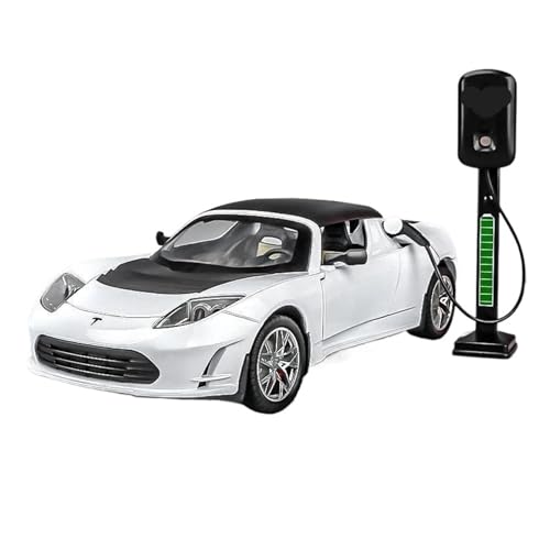 Miniatur Motorfahrzeug-Modelle 1:24 Für Tesla Roadster Legierung Sportwagen Modell Druckguss Metall Spielzeug Fahrzeuge Modell Simulation Sound Und Licht Fertigmodell(White) von BMAONZ