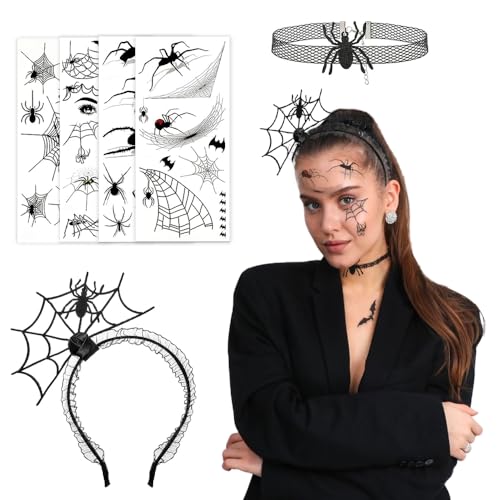 BNGXR Halloween Spinne Stirnband, Halloween Kostüm Zubehör mit Spinne Haarband Halsketten und Tattoos Aufkleber, Stoff und Kunststoff Spinnweben Stirnband Halskette Makeup Gruselparty von BNGXR