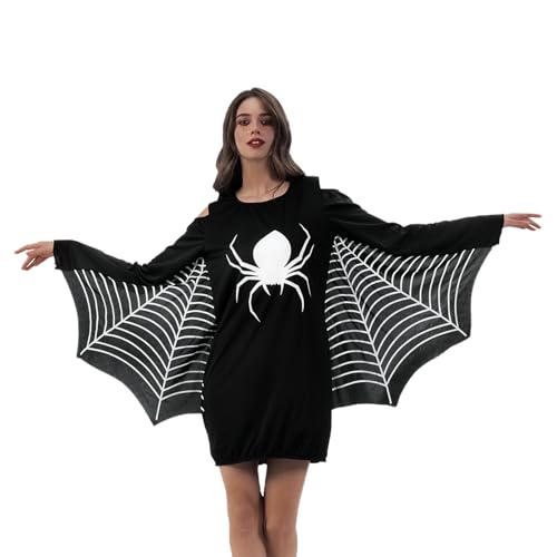 BNLIK Halloween Damen Kleid Fledermaus Kostüm: Frauen Schwarz Spinne Long Sleeve Kleid Für Karneval Cosplay Party (L) von BNLIK