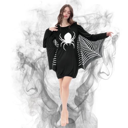 BNLIK Halloween Damen Kleid Fledermaus Kostüm: Frauen Schwarz Spinne Long Sleeve Kleid Für Karneval Cosplay Party (M) von BNLIK