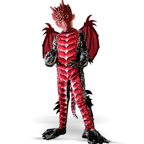 BNLIK Drachen Kinder Kostüm Karneval Cosplay: Kind Jungen Drachenkostüm Drachenflügel und Maske - Halloween Drachen Kostüm Kinder Drachenanzug für Jungen Faschingskostüme (Rot, L 10-12 Jahre alt) von BNLIK