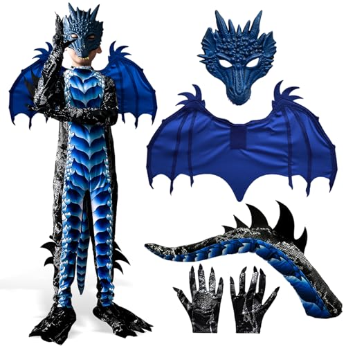 Drachen Kinder Kostüm Karneval Cosplay: Kind Jungen Drachenkostüm Drachenflügel und Maske - Halloween Drachen Kostüm Kinder Drachenanzug für Jungen Faschingskostüme (Blau, L 10-12 Jahre alt) von BNLIK