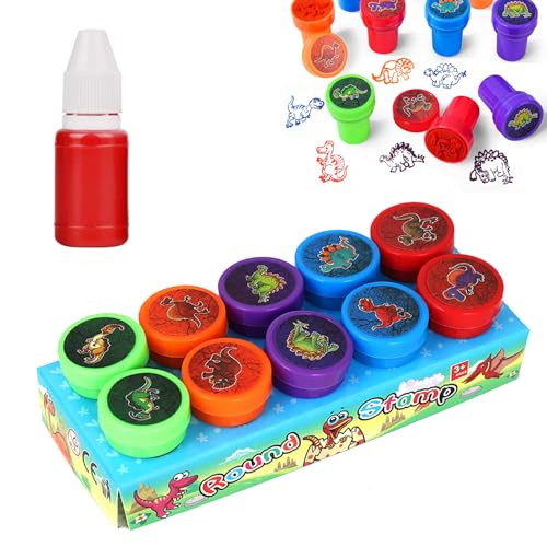 10 Stück Stempel Kinder, Tiere Stempelset, Mehrfarbige Selbstfärbende Stampers, mit Rot Refill Nachfülltinte 5 ml, Niedliche Spielzeugstempel, für Klassenzimmer Belohnungen,Partygeschenk (Dinosaurier) von BNOYONERAS