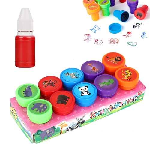 10 Stück Stempel Kinder, Tiere Stempelset, Mehrfarbige Selbstfärbende Stampers, mit Rot Refill Nachfülltinte 5 ml, Niedliche Spielzeugstempel, für Klassenzimmer Belohnungen,Partygeschenk (Wildtiere) von BNOYONERAS