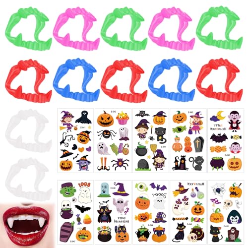 12 Vampirzähne und 10 Halloween Aufkleber, Halloween Vampirzähne Reißzähne, Vampirgebiss für Kinder, Vampir Zähne Kunststoff, Vampirzähne Kinder für Halloween Party Kostüm Cosplay Requisiten von BNOYONERAS