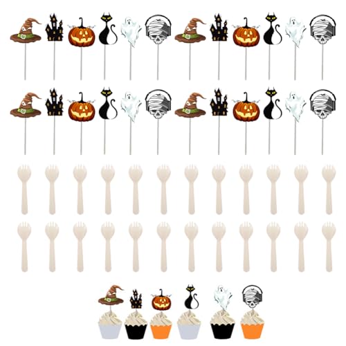 24 Stück Halloween Cupcake Topper mit 24 Stück Dessertlöffel Halloween Kuchendeckel Halloween Muffin Deko Cupcake Deko Halloween Motto Partyzubehör für die Dekoration von Kuchen Muffins und Desserts von BNOYONERAS