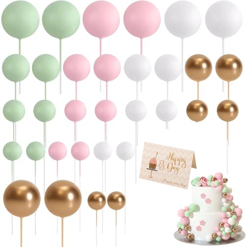 32 Stück Tortendeko Kugeln Cake Topper,Kuchen Deko Kugeln, DIY Mini Ballon Cupcake Einsatz, Ballon Kuchen Topper mit Grußkarte, Geburtstag Cupcake Topper für Geburtstag Hochzeit Valentinstag (Farbe 2) von BNOYONERAS