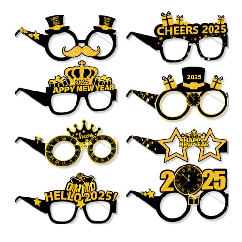 8 PCS Frohes Neues Jahr Brille, Papier Silvester Party Brillen, Partybrille Silvester Deko, Happy New Year Brillen, 2025 Neujahrsfeier Brillenfoto Requisite für Silvester Partyzubehör Dekorations von BNOYONERAS