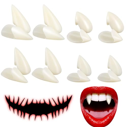 8 Paar Halloween Vampir Fangs Gefälschte Zähne, Halloween Vampir Zähne, Halloween Vampirzähne Reißzähne, Vampire Falsche Zähne mit Halloween Tattoo Aufkleber für Halloween Kostüm Cosplay Requisiten von BNOYONERAS