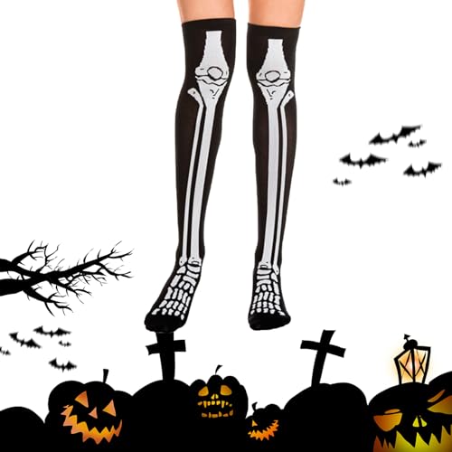 BNOYONERAS Halloween Skelett Socken Lange Strümpfe mit Skelett Aufdruck Halloween Kniestrümpfe Lustige Socken für Halloween Kostüm Cosplay, Cosplay Strümpfe für Vampir Hexe Kostüm Verkleidung von BNOYONERAS