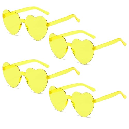 BNOYONERAS Hippie Herzförmige Brille, Herz Sonnenbrille, Retro Herzbrillen, Herzförmige Brille, Randlose Herz Brille, für Strand, Sommer Feste, Fasching, Party, Hippie Kostüm Zubehör, Gelb, 4 Stück von BNOYONERAS