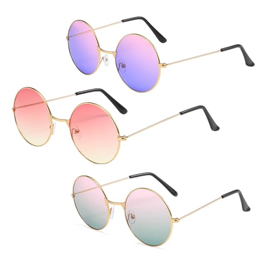 BNOYONERAS Hippy Specs Sonnenbrille Retro Runde Sonnenbrille mit Metallrahmen 60er 70er Jahre Stil Brille Party Festival Zubehör Strand Reisen 3 Stück von BNOYONERAS