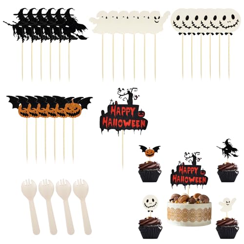 25 Stück Halloween Cupcake Topper Halloween Kuchendeckel Halloween Muffin Deko Cupcake Deko mit Dessertlöffel Halloween Motto Partyzubehör für die Dekoration von Kuchen, Muffins und Desserts von BNOYONERAS