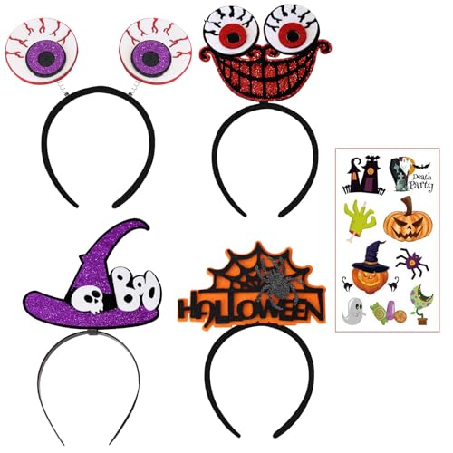 Halloween Haarreifen Set+1 Stück Tattoo Aufkleber(Stil Zufällig),Halloween Stirnband Dekoration,Scary Halloween Horror Stirnband,Halloween Kostüm Accessoire Set,Halloween Stirnbänder,4 Stück (Stil B) von BNOYONERAS