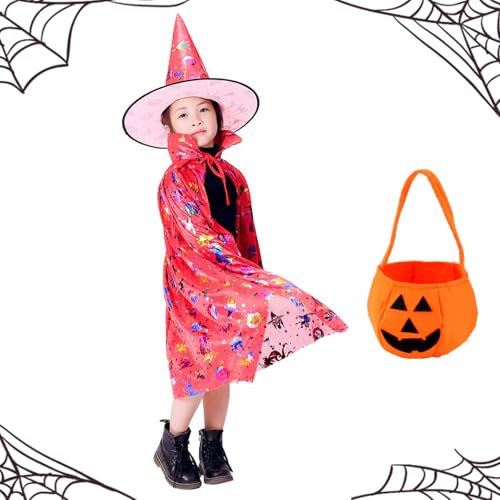 Kinder Halloween Kostüm, Halloween Zauberer Umhang, , Halloween Kostüm Kinder Mädchen, Hexe Zauberer Umhang mit Hut für Kinder, mit Kürbis Candy Bag, Cosplay Party Kostüm für Jungen Mädchen (Rot) von BNOYONERAS