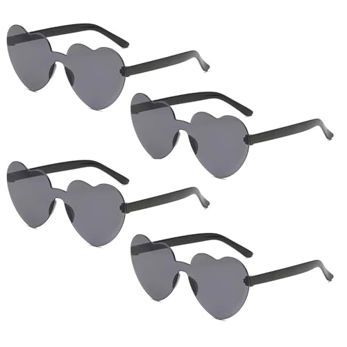 Hippie Brille, Randlose Herz Brille, Hippie Herzförmige Brille, Herz Sonnenbrille, Hippie Kostüm Sonnenbrillen, Brille Retro Partybrille, Strand, Sommer Feste, Fasching, Party Zubehör,Schwarz,4 Stück von BNOYONERAS