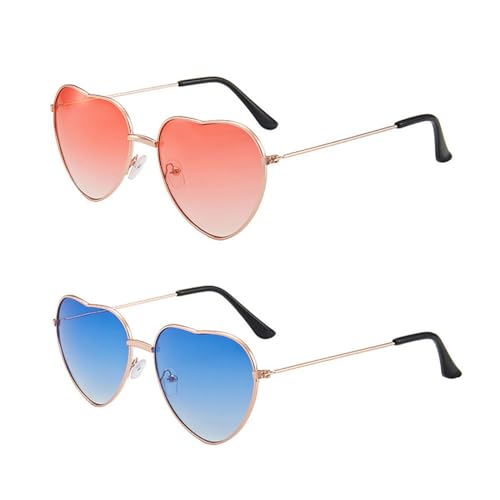 Hippie Sonnenbrille, Herz Sonnenbrille Damen, Hippie Kostüm Sonnenbrillen, Metallrahmen Hippie Brille, Retro Kostüm Brille für Kinder Herren Damen 60er 70er 80er Party Hippie Chic, 2 Stück(Rot+Blau) von BNOYONERAS