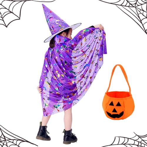 Kinder Halloween Kostüm, Halloween Zauberer Umhang, , Halloween Kostüm Kinder Mädchen, Hexe Zauberer Umhang mit Hut für Kinder, mit Kürbis Candy Bag, Cosplay Party Kostüm für Jungen Mädchen (Lila) von BNOYONERAS