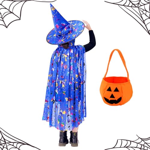 Kinder Halloween Kostüm, Halloween Zauberer Umhang, , Halloween Kostüm Kinder Mädchen, Hexe Zauberer Umhang mit Hut für Kinder, mit Kürbis Candy Bag, Cosplay Party Kostüm für Jungen Mädchen (Blau) von BNOYONERAS