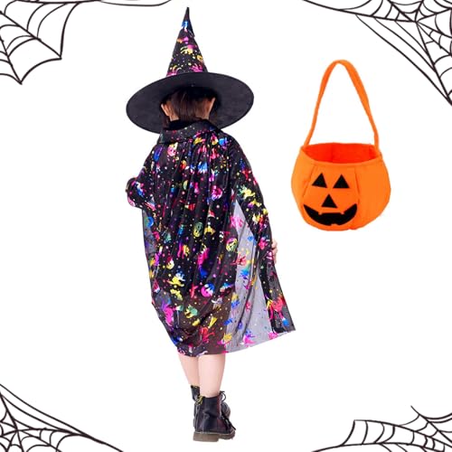 Kinder Halloween Kostüm, Halloween Zauberer Umhang, , Halloween Kostüm Kinder Mädchen, Hexe Zauberer Umhang mit Hut für Kinder, mit Kürbis Candy Bag, Cosplay Party Kostüm für Jungen Mädchen (Schwarz) von BNOYONERAS