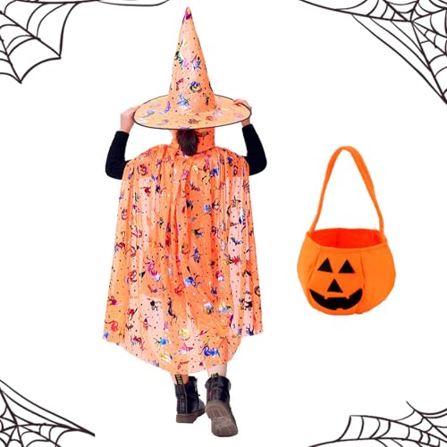 Kinder Halloween Kostüm, Halloween Zauberer Umhang, , Halloween Kostüm Kinder Mädchen, Hexe Zauberer Umhang mit Hut für Kinder, mit Kürbis Candy Bag, Cosplay Party Kostüm für Jungen Mädchen (Orange) von BNOYONERAS