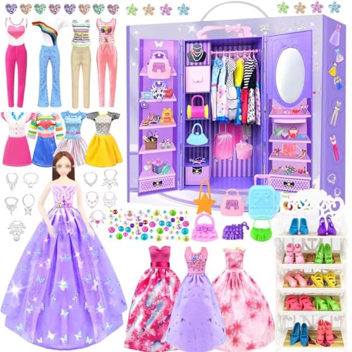 75 Kleidung Schmuck Zubehör für Puppen Kleiderschrank für 11,5 Zoll Puppen Puppenschrank Set mit 1 Puppe Kleider Schuhe Taschen Schuhregal Geschenk Spielzeug für ab 4 5 6 7 8 9 10 Mädchen Jahre von BNUZEIYI