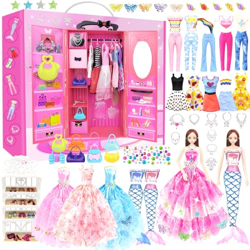 Kleidung Schmuck Zubehör für 11,5 Zoll Puppen mit Kleiderschrank Puppenschrank Set mit Kleider Schuhe Taschen Schuhregal Geschenk Spielzeug für ab 4 5 6 7 8 9 10 Mädchen Jahre (einschließen Puppe) von BNUZEIYI