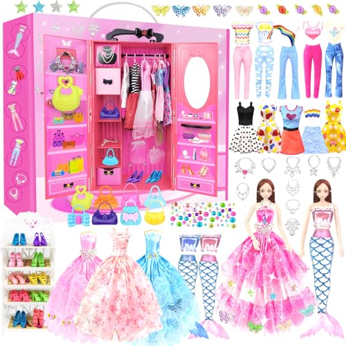 Kleidung Schmuck Zubehör für 11,5 Zoll Puppen mit Kleiderschrank Puppenschrank Set mit Kleider Schuhe Taschen Schuhregal Geschenk Spielzeug für ab 4 5 6 7 8 9 10 Mädchen Jahre (einschließen Puppe) von BNUZEIYI