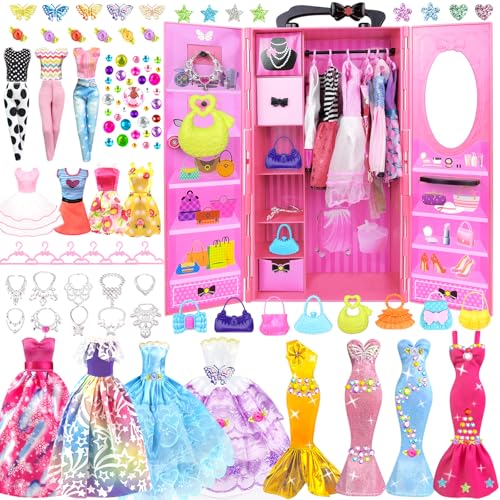 85 Stück kleidung Schmuck Zubehör für Puppen Kleiderschrank für 11,5 Zoll Puppe - Modedesign Puppen Set mit Hochzeitskleid Kleider Outfits Tops und Hosen Schuhe Taschen Geschenk Spielzeug für Mädchen von BNUZEIYI